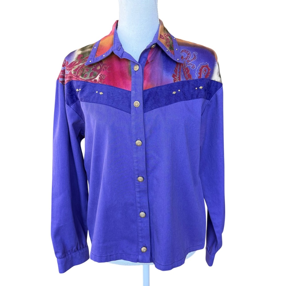 City Girl Sport Vintage Purple‎ Western Paisley Studded Cotton Button Down Shirt